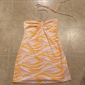 Orange, pink, and white Hollister bodycon dress with halter neck ties, size M
